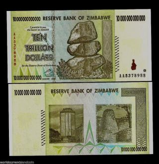 Zimbabwe 10 Trillion Dollars Aa / 2008 20 & 50 & 100 Trillion Series Money Bill photo