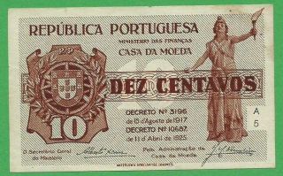 Portuguese Banknote Portugal 10 Centavos 1917 Casa Da Moeda Pick 101 Unc photo