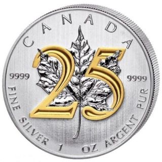 25th Anniversary 2013 Canadian Maple Leaf.  9999 1 Oz Silver Rare 24k Gold Gilded photo