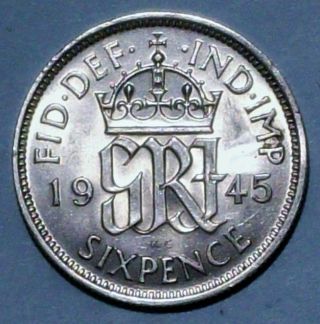 Great Britain 6 Pence 1945 Extra Fine/almost Uncirculated Silver Coin photo