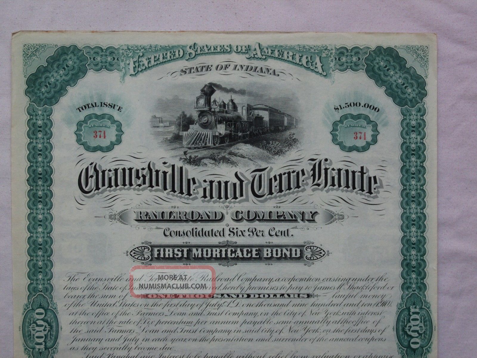 1880 Evansville & Terre Haute Railroad $1000 Bond Transportation photo