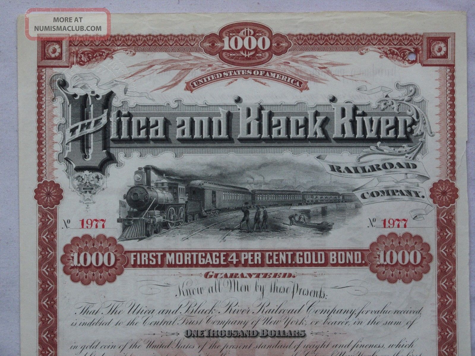 1890 Utica & Black River Railroad $1000 Bond Transportation photo