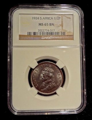 1924 South Africa Half Penny 1/2p Ngc Ms65bn Cv=$142 Mintage 64,  165 Rare 3 photo