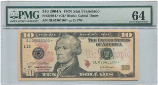 2004a $10 Federal Reserve Star Note San Francisco Pmg Choice Unc 64 Fr 2039 - L photo