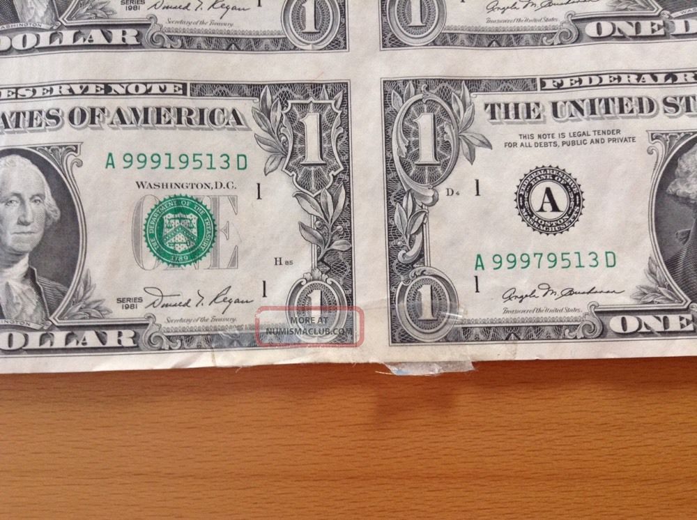 Uncut Sheet Of (32) Us 1 One Dollar Bills 1981