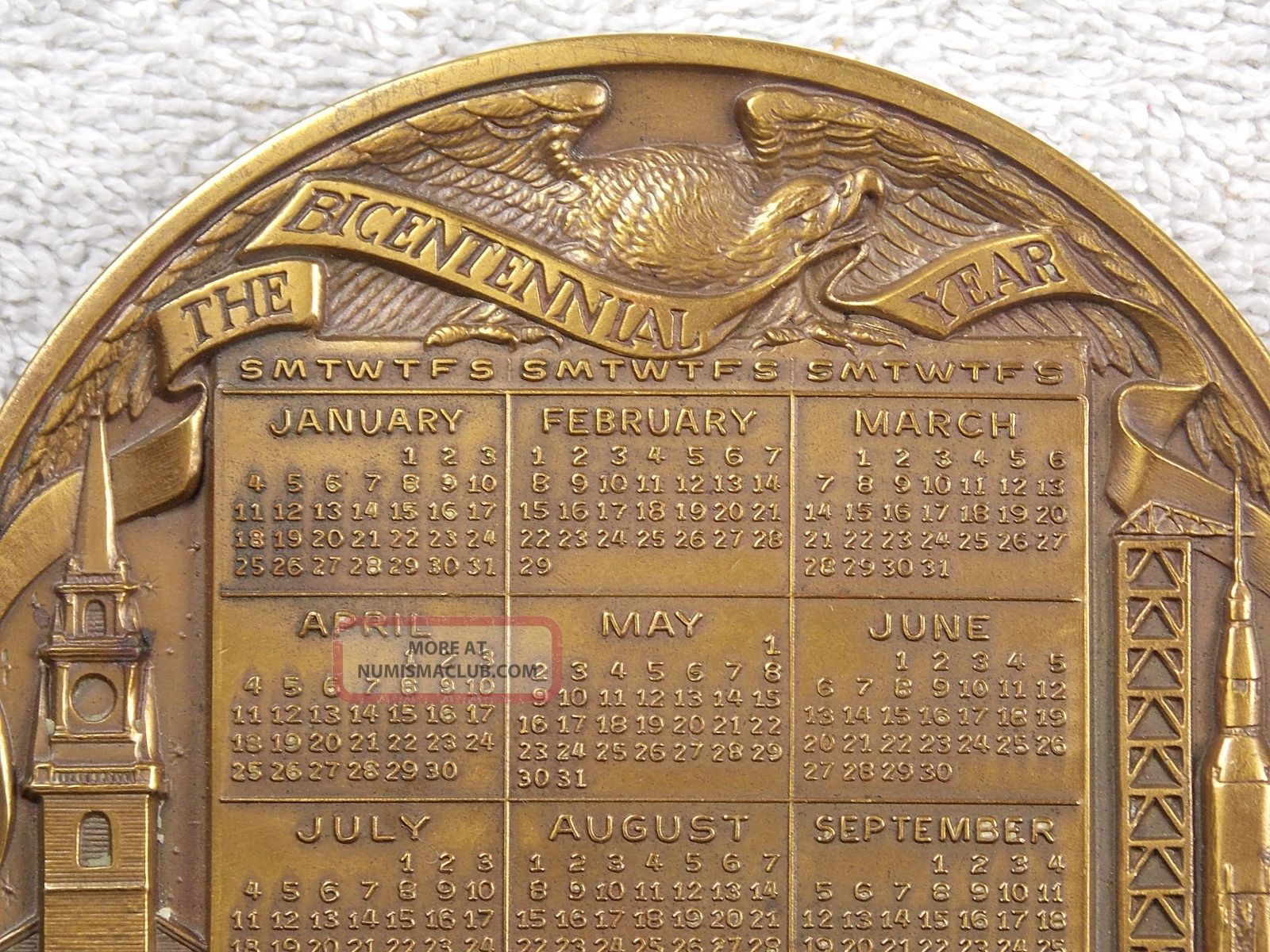 1976 American Revolution Bicentennial Large 3 3/4 Inch Calendar Bronze