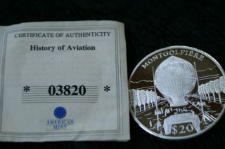2000 $20 Silver Coin/history Of Aviation.  999 Fine Silver Proof/liberia photo