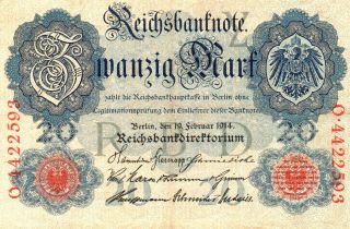 Xxx - Rare German 20 Mark Empire Banknote From 1914 Nearly Unc photo