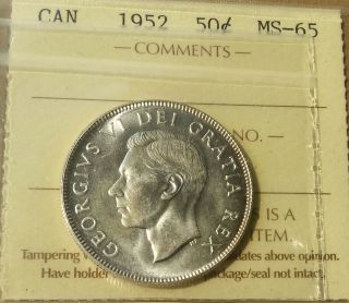 1952 Canada Fifty 50 Cents Iccs Graded Ms - 65 photo