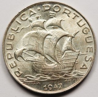 Portugal 1947 5 Escudo 6.  7 Gram Silver Coin Km 581 Choice Bu photo
