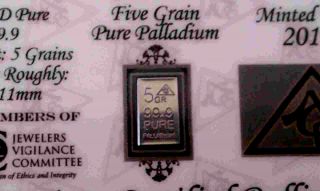 Acb Palladium Pd 9.  99 5grain Solid Bullion Bar Certificate Of Authenticity photo