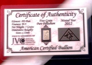 Acb Palladium 5grain Bullion Minted Bar 999 Pure Certificate Authenticity photo