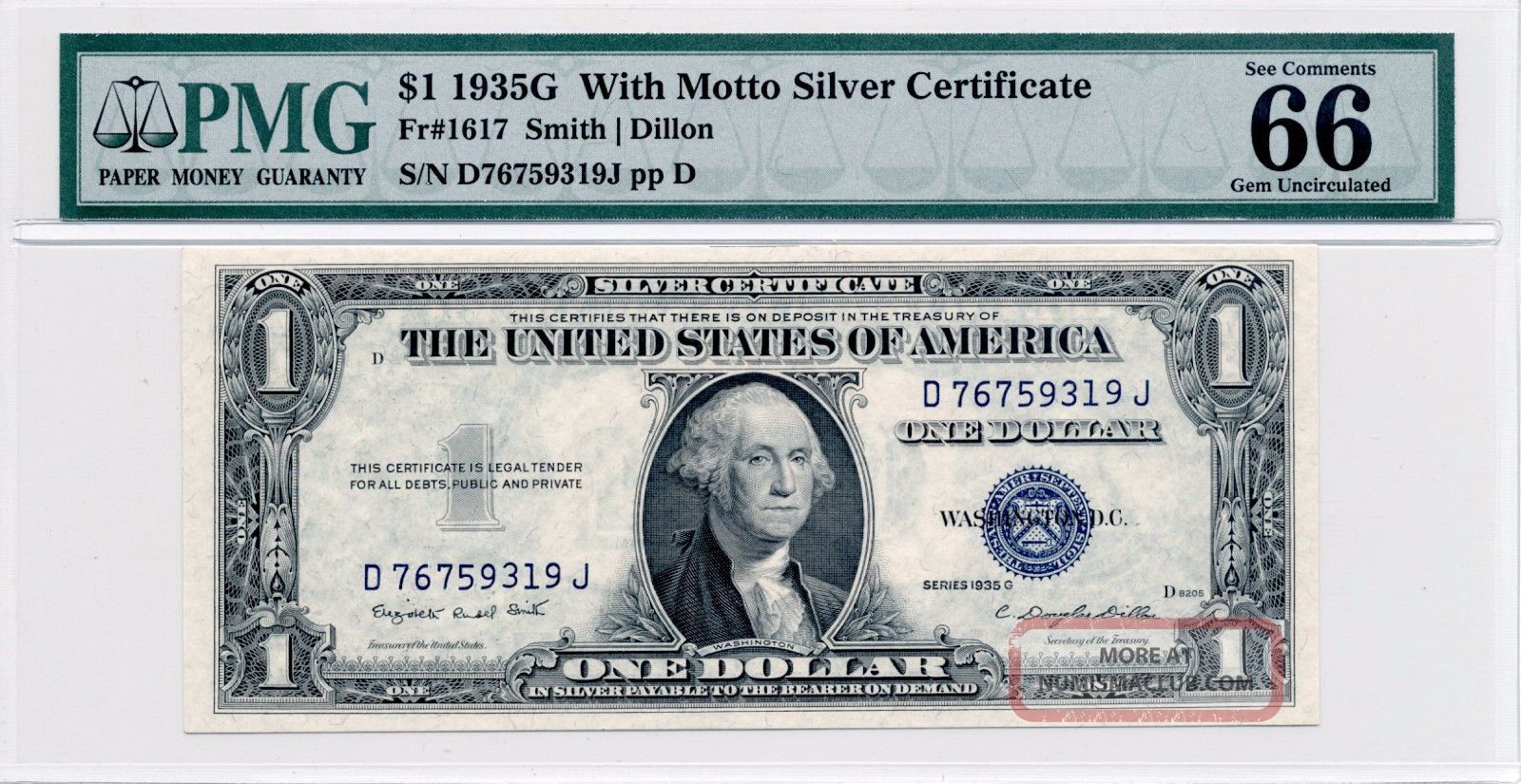 1935g $1 With Motto Silver Certificate Pmg Gem Uncirculated 66 Epq Small Size Notes photo