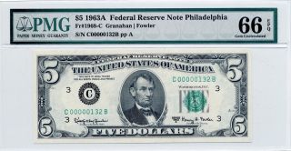 1963a $5 Low Number Federal Reserve Note – Pmg Gem Uncirculated 66epq photo