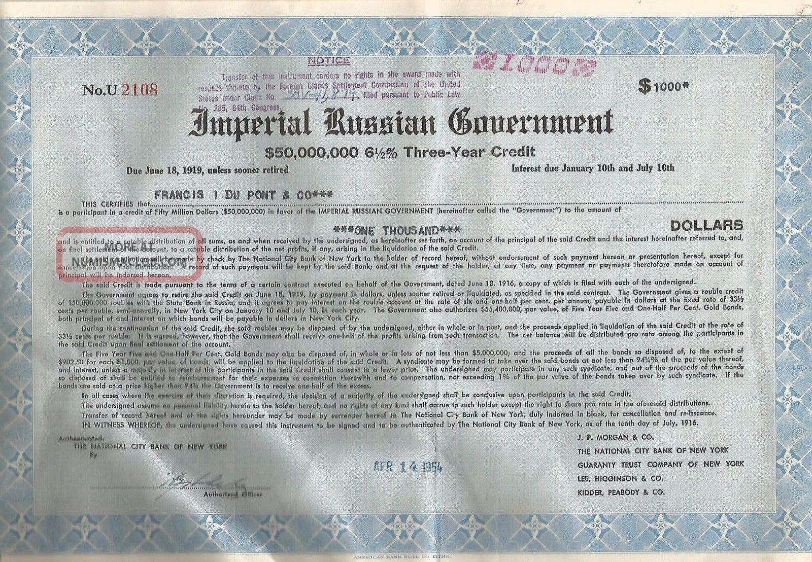 Imperial Russian Government_francis I Du Pont & Co_50 Million 6 1/2 _$1,  000 Bond Stocks & Bonds, Scripophily photo