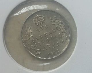 Rare British India 1910 2 Anna In Silver Coin photo