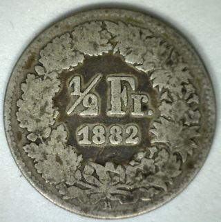 1882 B Silver Switzerland Swiss Helvetia 1/2 Half Franc Coin Yg photo