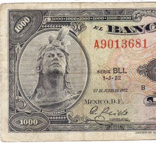 Mexico 1972 $1000 Pesos Cuauhtemoc Serie Bll (a9013681) Note photo