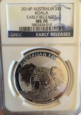 2014p Australia $1 Koala Silver Coin - Ms70 Early Releases photo