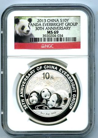 2013 1oz Silver China Panda 10 Yn Ngc Ms69 Everbright Group 30th Anniversary photo