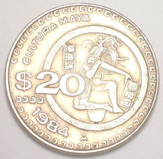 1984 Mexico Mexican 20 Pesos Mayan Culture Coin Vf, photo