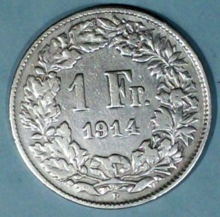 Switzerland 1 Franc 1914 B Very Fine 0.  8350 Silver Coin photo