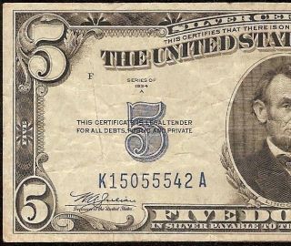 1934 A $5 Dollar Bill Silver Certificate Blue Seal Note Paper Money Old Currency photo
