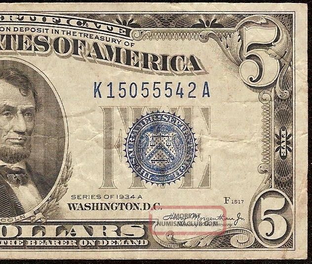1934 A $5 Dollar Bill Silver Certificate Blue Seal Note Paper Money Old