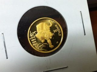 1986 Singapore Year Of The Tiger 10 Singold 1/10oz.  9999 Gold Coin 24kt Unc photo