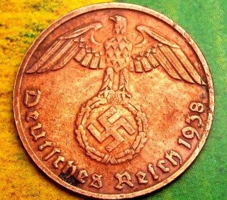 Xxx - Rare 1938 - D Nazi Swastika 1 Pf Coin Real Ww2 German Copper 3rd Reich Germany photo