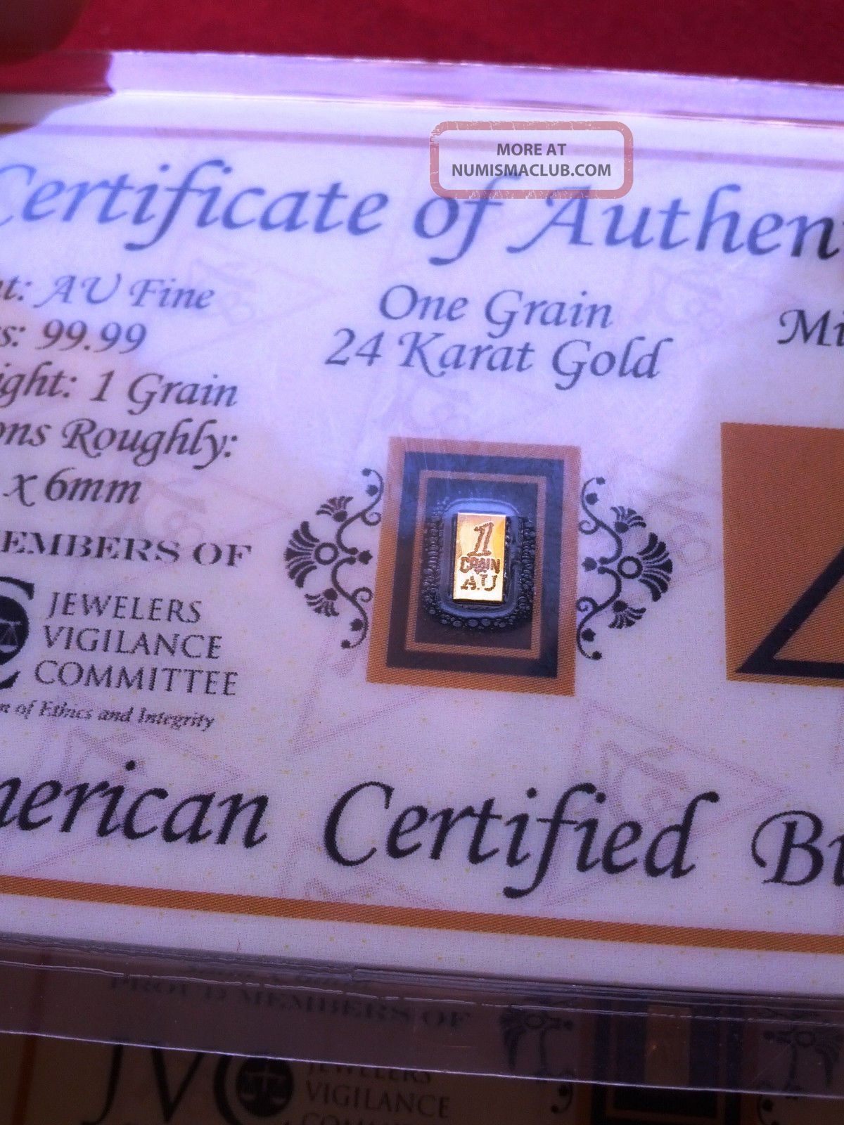 Acb Gold Vertical 1grain 24k Bullion Acb Minted Bar 99.  99 Fine W/ Certificate Gold photo
