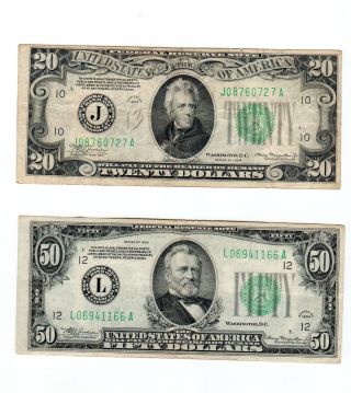 Two 1934 ($50 & $20) Circulated,  Low Numbers,  Good Color photo