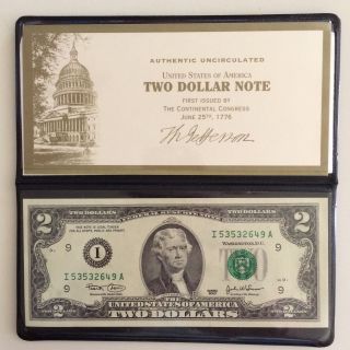 U.  S.  Monetary Exchange,  Uncirculated 2003 Two Dollar Bill $2 In Folder photo