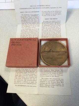 Complete Boxed 1960 Official Uss Enterprise Launching Bronze Medal 2 1/2 