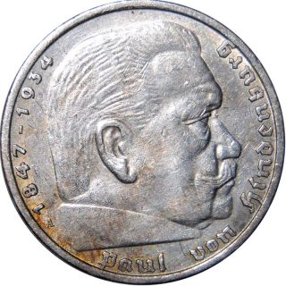 1937 A 5 Reichsmark Silver Coin Paul Von Hindenburg - Third Reich Wwii - M5363 photo