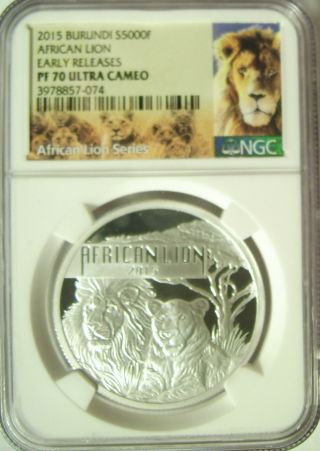 2015 Burundi 5000f African Lion 1 Oz.  Silver Ngc Pf70 Uc Er W/ Pop 174 photo