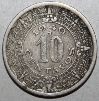 Mexican 10 Centavos Coin,  1940 - Km 432 - Mexico - Aztec Calendar - Ten photo