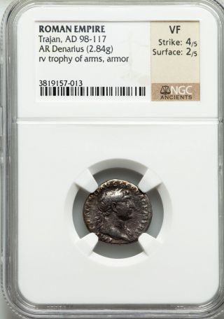 Roman Empire Trajan Denarius Ad 98 - 117 Ngc Vf 4/5 2/5 Rv Trophy Of Arms Armor photo