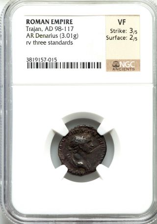 Roman Empire Trajan Denarius Ad 98 - 117 Ngc Vf 3/5 2/5 Rv Trophy Of Arms Armor photo