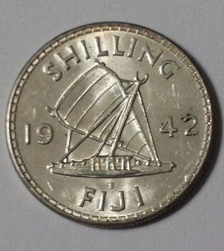 Fiji Island 1942 Silver 1 Shilling Choice Gem Bu King George Vi Rare Grade photo