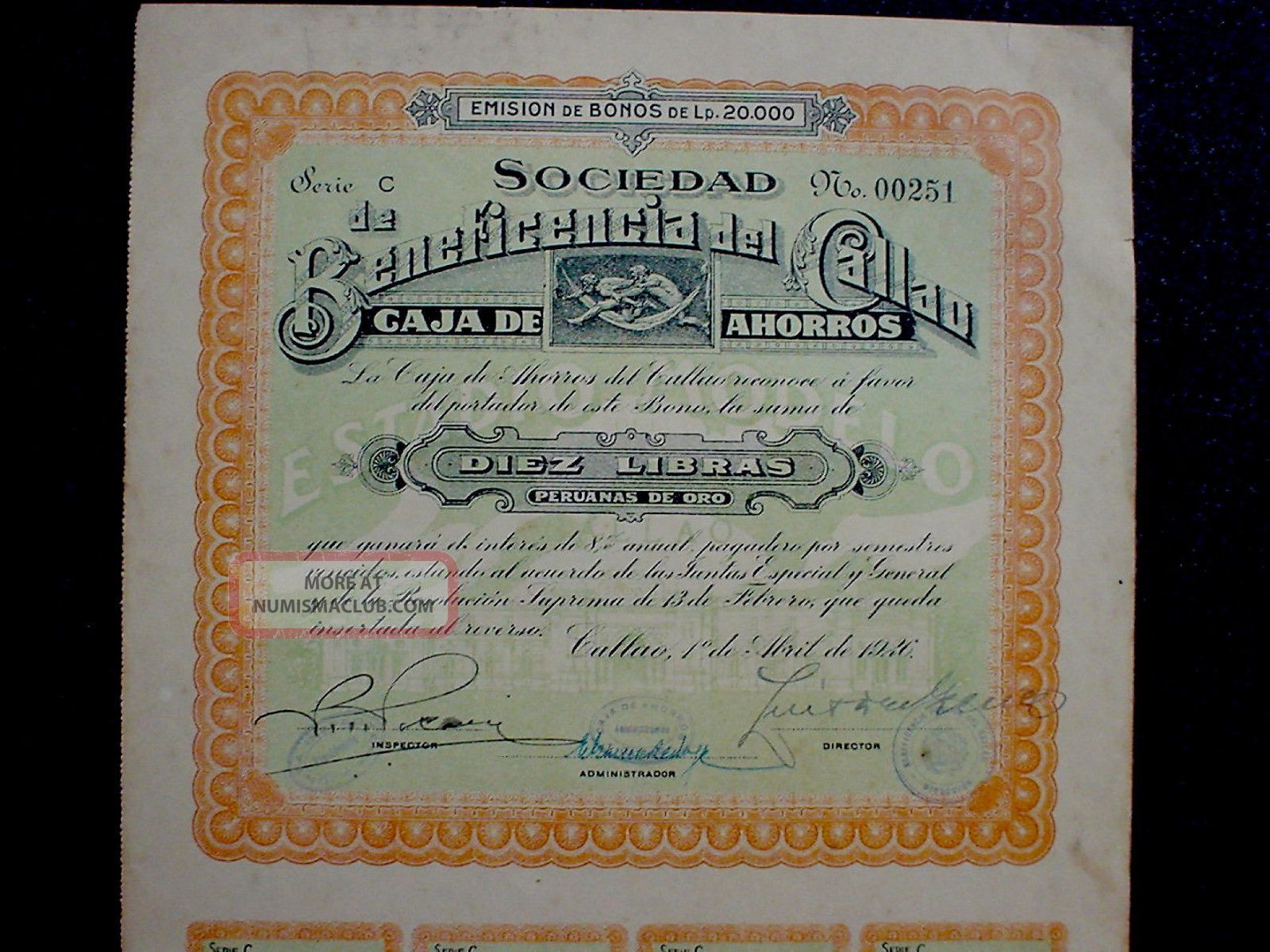 Caja De Ahorros Callao 10 Libras Peruanas De Oro 8 To Bearer 1926 Unc,  Coupons Stocks & Bonds, Scripophily photo