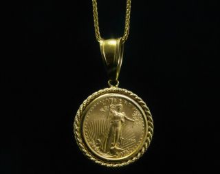 1999 American Eagle $5 1/10 Oz Fine Gold Coin In 14k Gold Rope Bezel & Chain photo