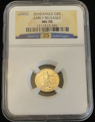 2010 American Gold Eagle $5 Coin Anniversary Label Early Release Ngc Ms70 5341 photo