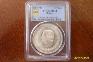 1954 Cinco Pesos {pcgs Ms64} Key Date Only 30,  000 Minted. photo