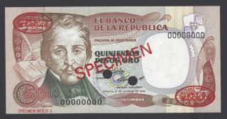 Colombia 500 Pesos 12 - 10 - 1985 P423b Specimen N001 Tdlr Uncirculated photo