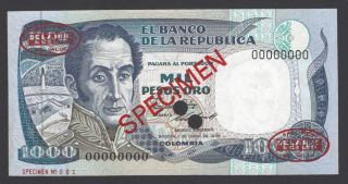 Colombia 1000 Pesos 1 - 1 - 1986 P424cs Specimen N001 Tdlr Uncirculated photo