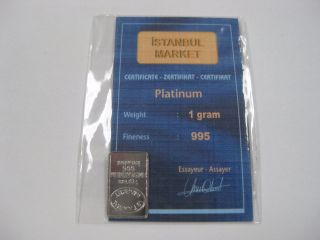 Istanbul Market 1 Gram Platinum Bar Assayer Certified W/ photo