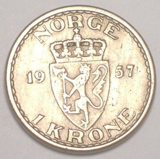 1957 Norway Norwegian 1 Krone Lion On Shield Monogram Coin Vf photo