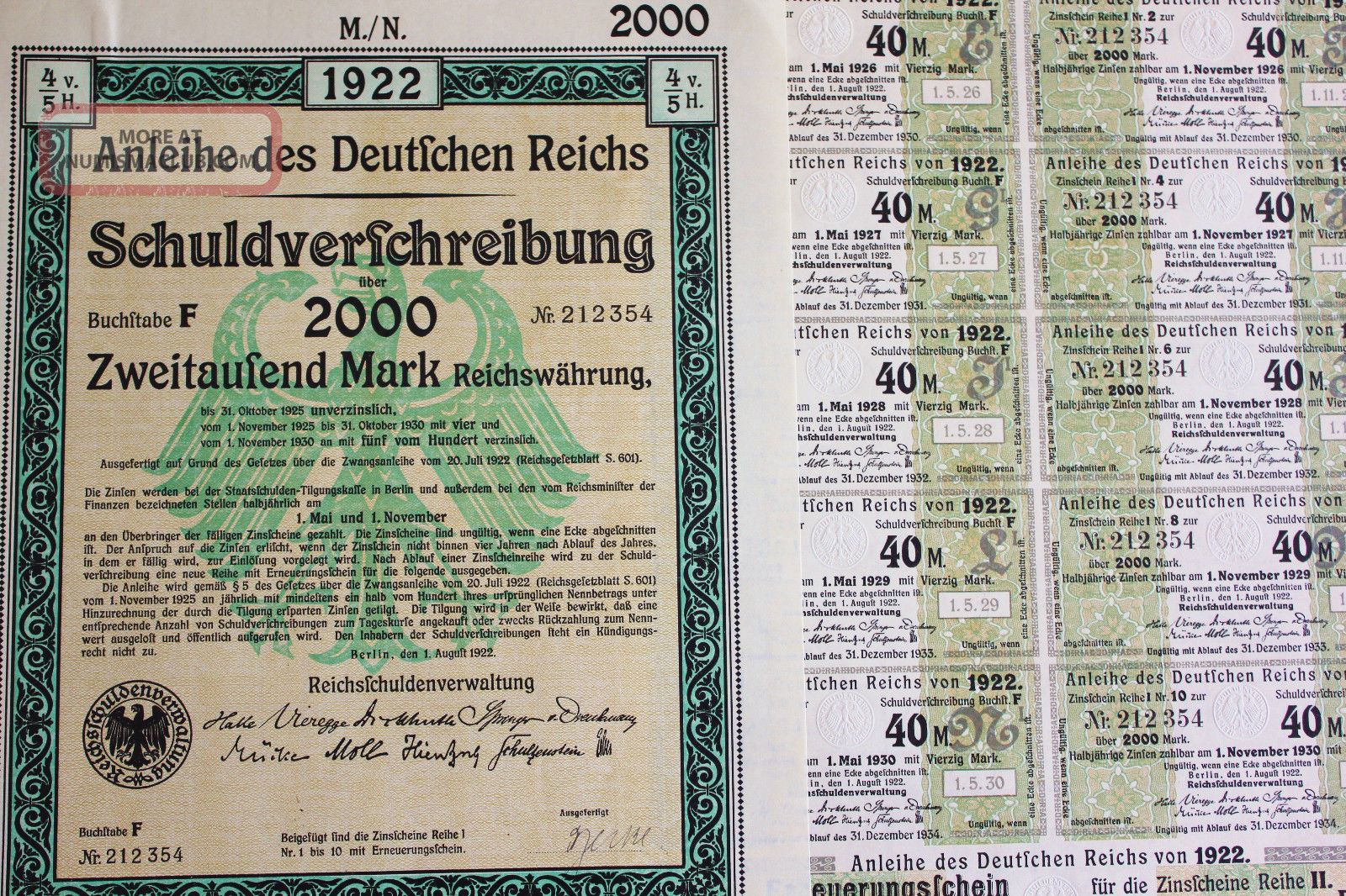 German 2000 Mark Govt Treasury Bond,  Coupons 1922 - Hyper - Inflation Period Stocks & Bonds, Scripophily photo