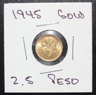 1945 Mexico Gold 2 1/2 Peso Coin.  Ms/bu & photo